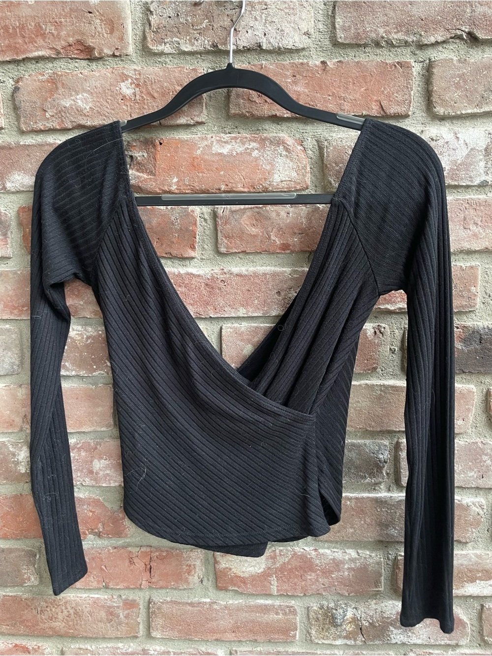 Reformation Black Ribbed Wrap Long Sleeve “Minnie” Top